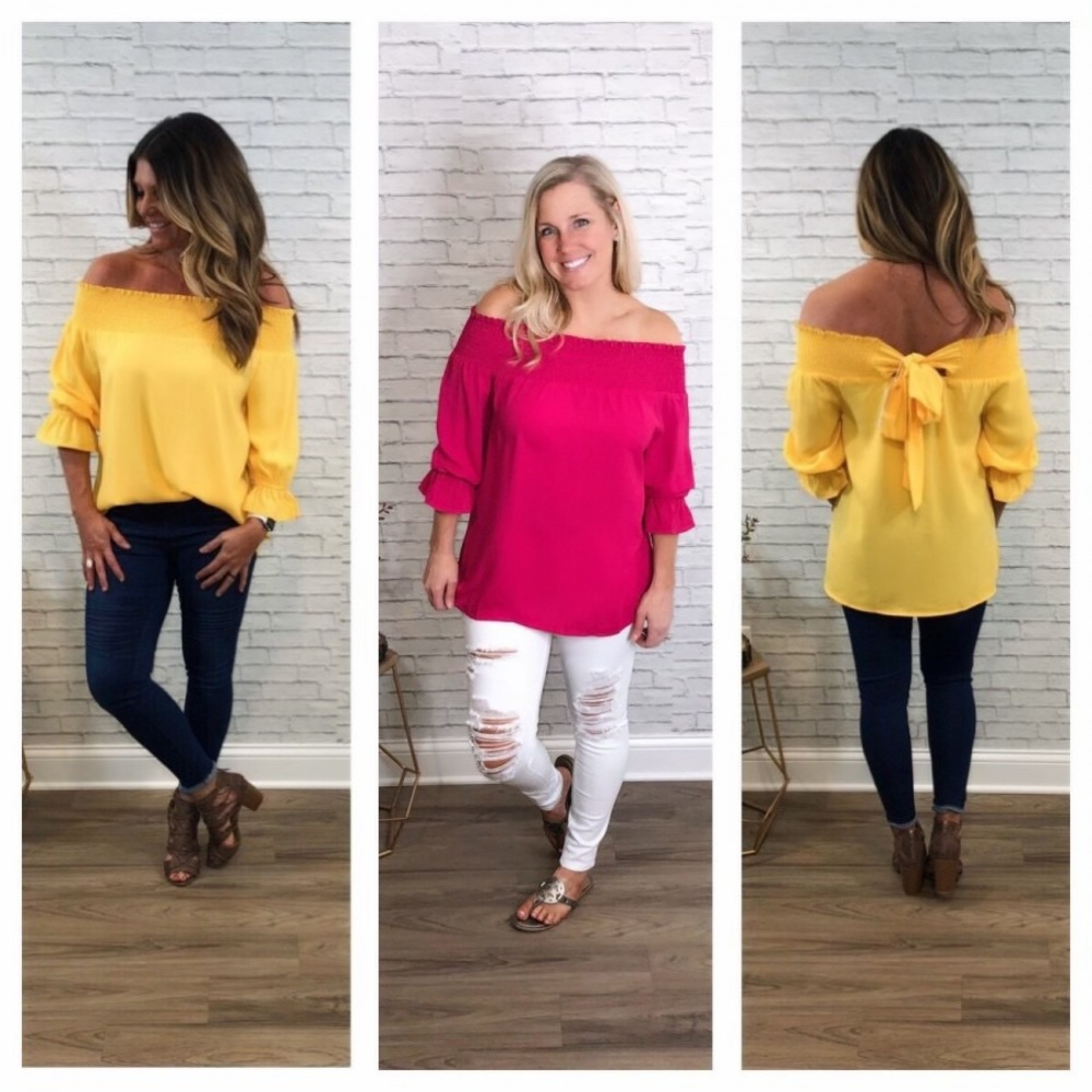 🌸Canary Yellow Off the Shoulder Bow Back Blouse